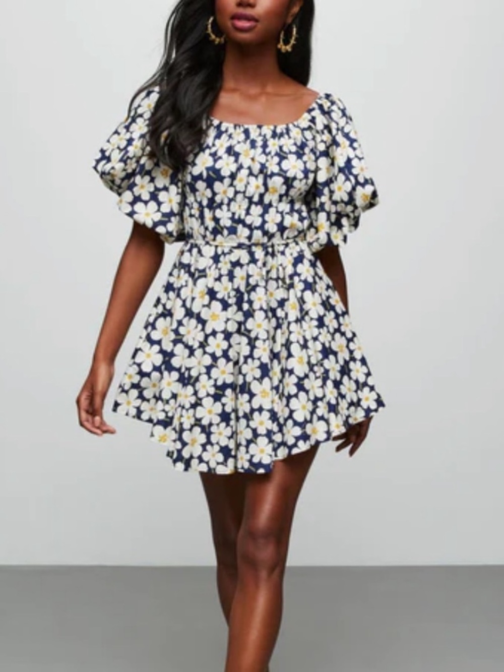 ALTAR’D STATE Blue Floral Puff Sleeve Babydoll Mini Dress Milkmaid